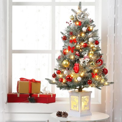 3FT Pre-Lit Snow Flocked Artificial Christmas Tree with 78 Warm White LED Lights, 8 Lighting Modes, Battery Operated, Cement Pot Base