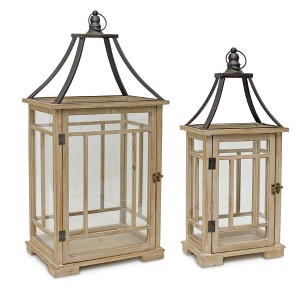 HomeRoots Set of Two Brown And Black Distressed Geometric Wood And Metal Tabletop Lantern Candle Holders - 1 of 4