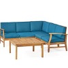 Outdoor Sectional Sofa Set, 5 Seater Acacia Sofa Set with Cushions and Pillows, 6 Pcs Sofa with Wood Frame and PE Cushions-Coolbibila - 2 of 4