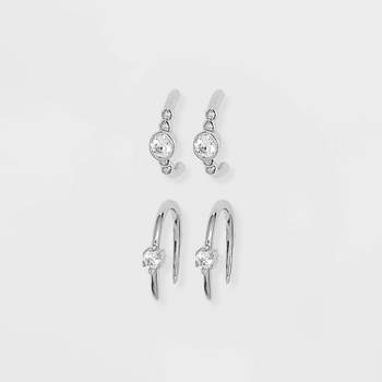 Sterling Silver Cubic Zirconia Threader Duo Hoop Earring Set 3pc - A New Day™ Silver