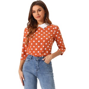 Allegra K Women's Polka Dots Contrast Peter Pan Collar 3/4 Sleeves Blouse - 1 of 4