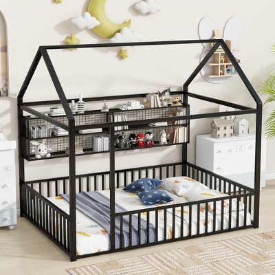 Twin/Full Size Metal Platform Bed House Bed Frame with Fence and Shelves, White/Black/Pink-ModernLuxe
