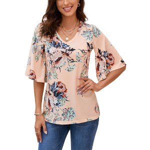 MISSKY Women's 3/4 Sleeve Tunic Tops Casual V Neck Dress Shirts Floral Printed Loose Fit Pleated Blouses - 1 of 4