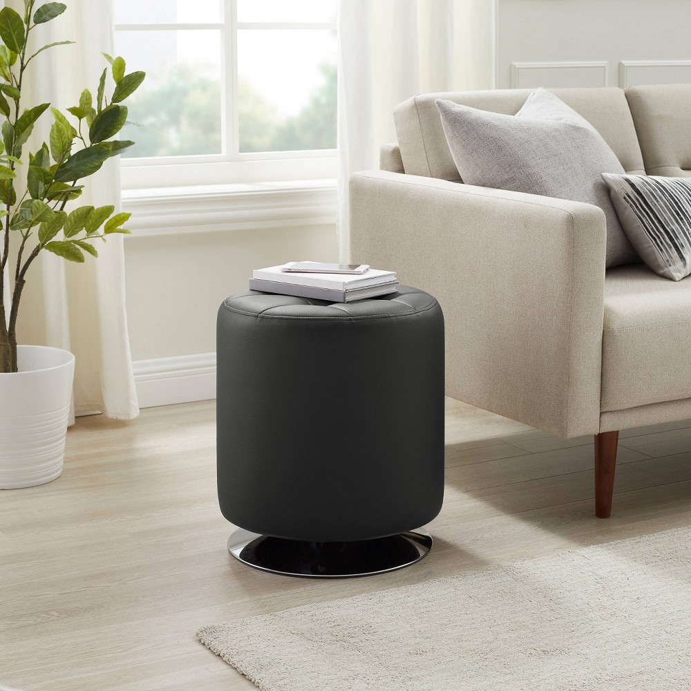 Linon 16.5" Stevens Modern Faux Leather and Chrome Upholstered Swivel Ottoman Black : Round, Padded, No Assembly Required