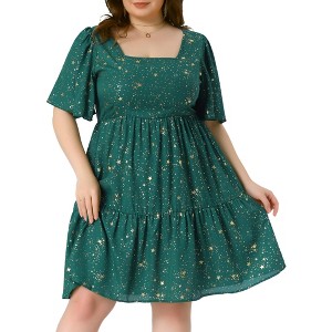 Agnes Orinda Women's Plus Size Sparkly Star Square Neck Ruffle Short Sleeve Flowy Summer Midi Dress - 1 of 4