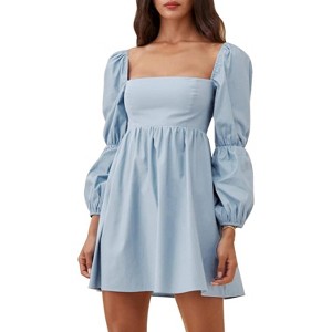 EXLURA Womens Square Neck Dress Long Puff Sleeve A-Line Casual Short Mini Dresses - 1 of 4