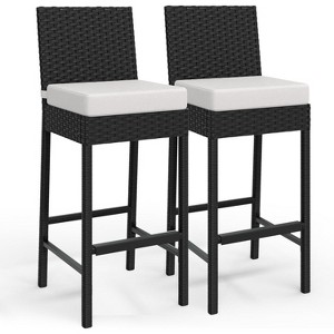Rattan Bar Chair, Bar Stool with Cushions, Kitchen Barstool, Patio Wicker Chair Height Stool Set, Home Bar Seating for Indoor Outdoor, Backyard - 1 of 4