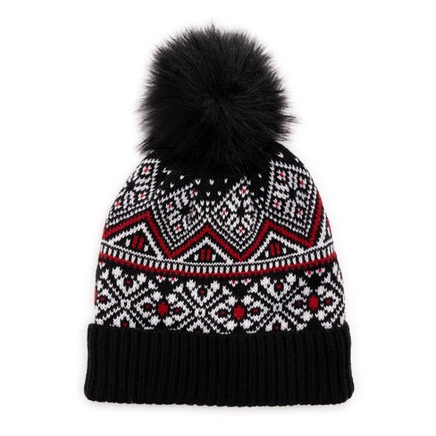 Knit Hat with Faux Fur Pom-Pom Black / One Size