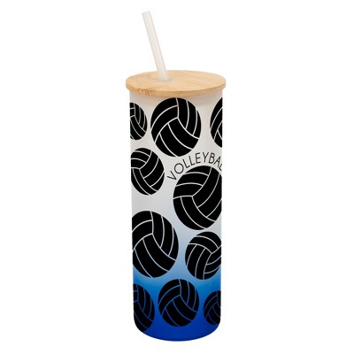 Elanze Designs Volleyball Ball Sports Wrap-Around Design 25 Ounce Frosted Gradient Glass On-The-Go Coffee Travel Skinny Tumbler Mug Cup, Bamboo Lid