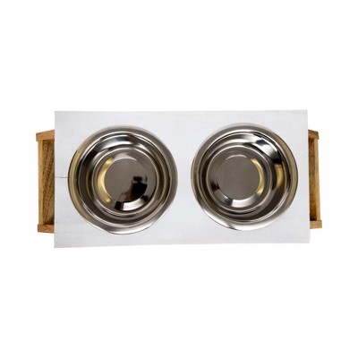 Medium Distressed White Mango Wood Elevated Pet Feeder with Stainless Steel Bowls