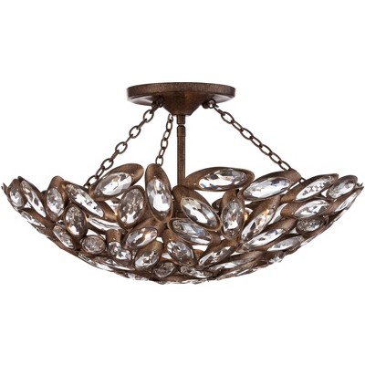 Franklin Iron Works Luxury Ceiling Light Semi Flush Mount Fixture Bronze Bowl 20" Wide Clear Cut Crystal for Bedroom Living Room