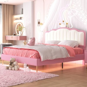 ALEXOUN Upholstered Bed Frame, Modern Upholstered Princess Bed with Crown Headboard Golden Metal Legs,for Girl, White+Pink - 1 of 4