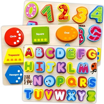 QUOKKA Wooden Puzzles for Toddlers 2-4 - Chunky Toddler Puzzles Ages 3-5 - Learning Travel Game with Numbers Alphabet Shapes