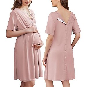 Ekouaer Labor and Delivery Gown for Hospital Short Sleeve Maternity Nursing Dress Nightgown with Button - 1 of 4