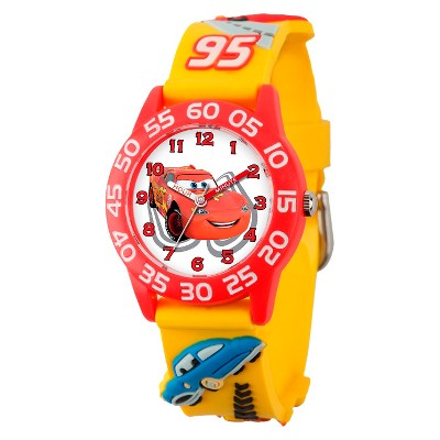 Boys' Disney Cars Lightning McQueen Plastic 3D Strap Time Teacher Watch- Yellow