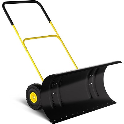 29" Heavy-Duty Steel Snow Pusher with Wheels, Adjustable Blade & Height Handle, Back-Saving Driveway Snow Plow for Efficient Removal