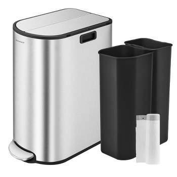 SONGMICS 13-Gallon Dual Kitchen Trash Can,Garbage Can with Wing Lids, Stainless Steel, Soft Close, Inner Buckets