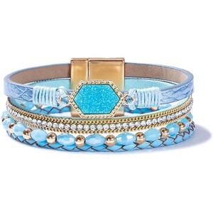 Crystal Beaded Leather Wrap Bracelet with Resin Stone Center, Stackable Boho Cuff with Magnetic Clasp for Women - 1 of 4