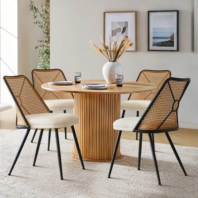 Rattan Back Dining Chair Set of 2,Double Upholstered Boucle Kitchen Dining Chair With Metal Legs,Indoor Furniture-Tanpinhause