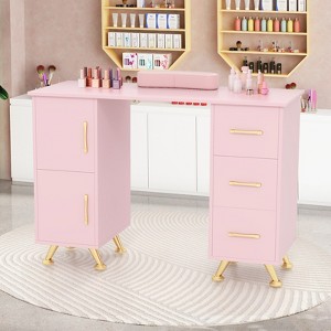 Costway Wooden Nail Desk Station with Removable Wrist Rest Metal Legs & 3 Drawers, 2 Cabinets White/Pink/Black - 1 of 4