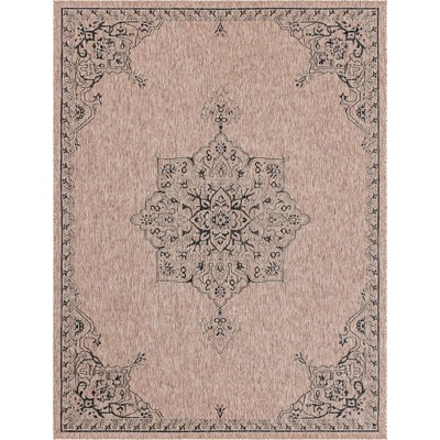Beige and Black Rectangular Outdoor Synthetic Rug, 9' x 12'