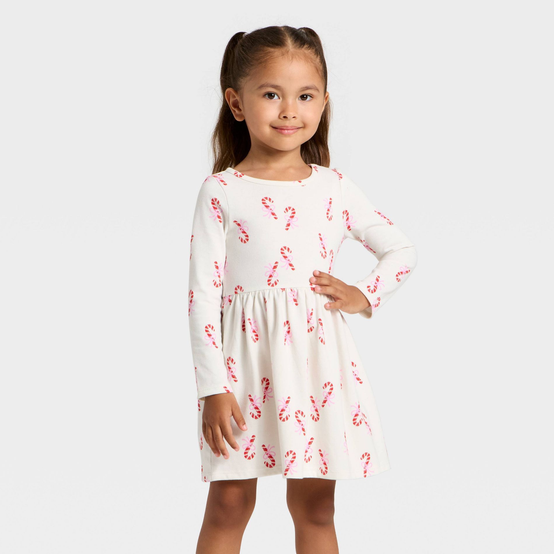 Toddler Girls' Long Sleeve Candy Cane Dress - Cat & Jack™ Cream 5T