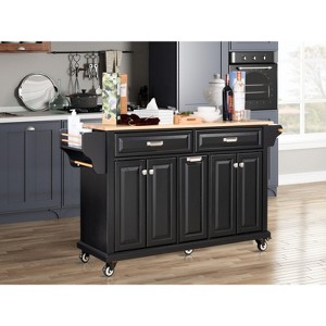 Gulches Modern Kitchen Island Cart with Rubber Wood Countertop, Black - 1 of 4