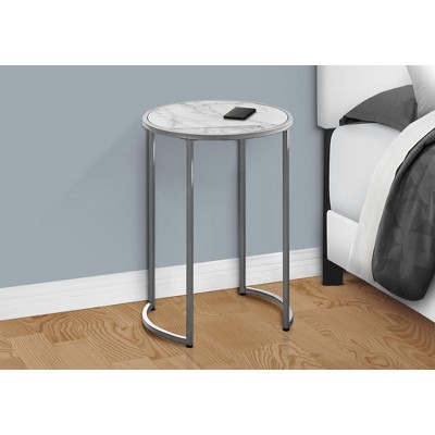 Vynxaria Contemporary Round Accent Table, White Marble Look Laminate, Grey Metal, 18.25" L x 18.25" W x 24" H