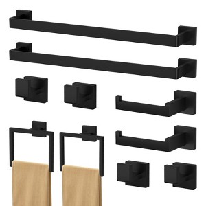 10-Piece Bathroom Hardware Set in Modern Matte Black - Includes Towel Bar, Hooks, Rings & Toilet Paper Holder - Rust Resistant & Easy Install - 1 of 4