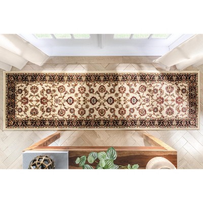 Ivory Floral Oriental Runner Rug with Black Border