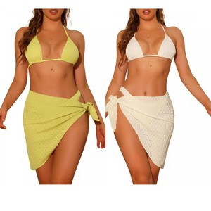 Elerevyo Women's Halter Bikini Sets, Hollow Out Mesh Swimsuits with Sarong Cover Ups Beach Skirt Bathing Suit 3 Pcs 2 Sets - 1 of 4