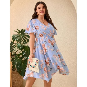 Garvee Women Plus Size Wrap V Neck Midi Dress Short Sleeves High Waist Irregular Hem Summer Casual Dress - 1 of 4
