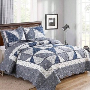 Grey Lightweight Quilt Set, 3 - Piece Bedding with Reversible Floral Design and 2 Pillow Shams - 1 of 4