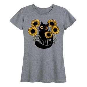Women's - Instant Message - Black Cat in Sunflowers Short Sleeve Graphic T-Shirt - 1 of 4
