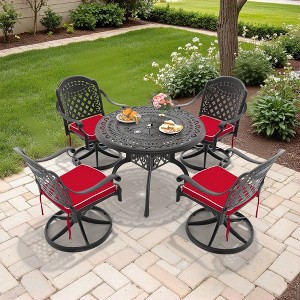 5-Piece Round Cast Aluminum Patio Set with Swivel Chairs,Red Cushions,and Umbrella Hole - 1 of 4