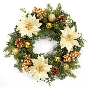 Christmas Wreath for Front Door, Artificial Christmas Wreath with Flowers Leaves, Christmas Pine Wreath with Balls for Home Holiday Decorations - 1 of 4