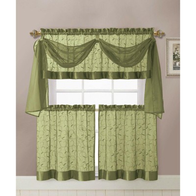 Kate Aurora Complete 4 Piece Linen Leaf Embroidered Complete Kitchen Curtain Set