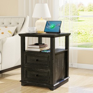 Dyonery Farmhouse Nightstand 18" White End Table with Charging Station & 2 Drawers, Rustic Bedside Table with Storage Shelf for Bedroom - 1 of 4