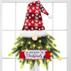 Lighted Gnome Christmas Door Wreath, Artificial Santa Xmas Hanging Sign - 1 of 4