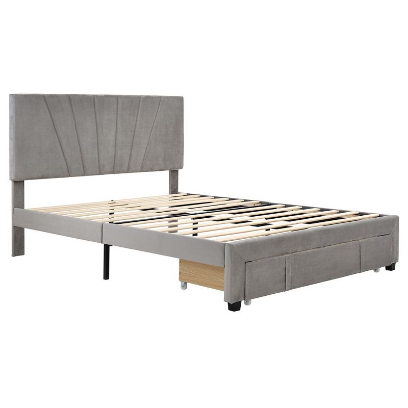 Queen Upholstered Bed Frame, Queen Platform Bed With 12 Wooden Slats Support, Velvet Headboard, Up To 500lbs Support, 2 of 7