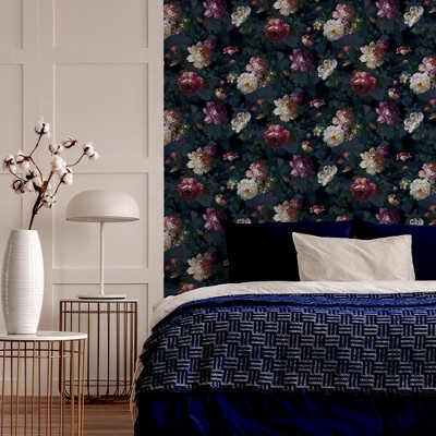 Navy Floral Wallpaper with Hand Painted Blooms, 20.5" x 396"
