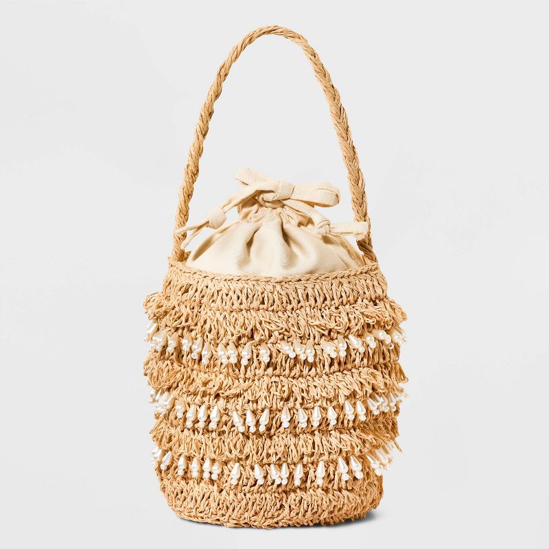 Mini Straw Embellished Bucket Bag - A New Day&#8482; Cream, 1 of 8