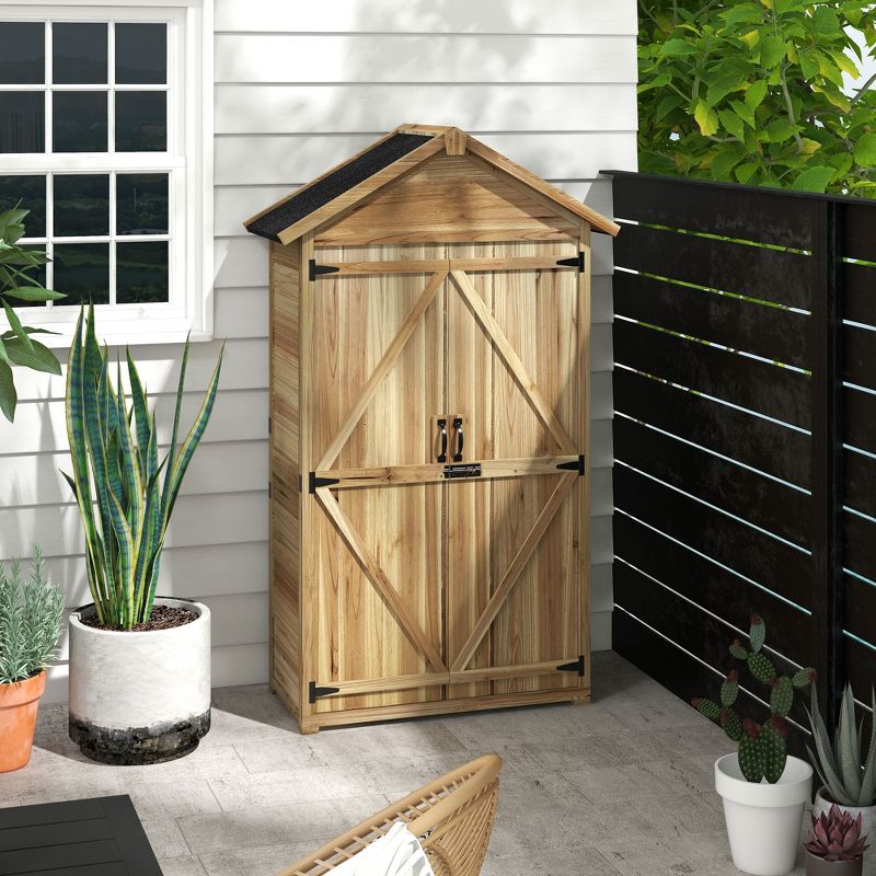 Outsunny Outdoor Storage Cabinet with Asphalt Roof, Wooden Garden Shed with Lockable Doors and Shelves, Wood Tool Shed for Backyard, Patio, Natural, 2 of 6