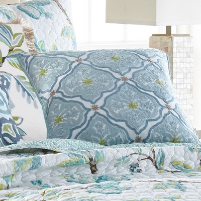 Teal and Ivory Cotton Embroidered Square Throw Pillow