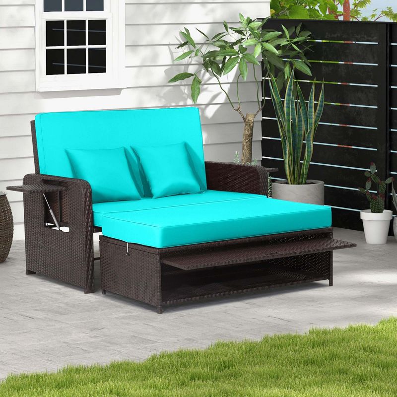 Costway Patio Rattan Daybed Lounge Retractable Top Canopy Side Tables Cushions, 1 of 11