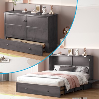 Mjkone Queen Murphy Bed Cabinet with Built-in Charging Station and Drawer,Trifold Mattress, Modern Murphy Cube Chest Bed