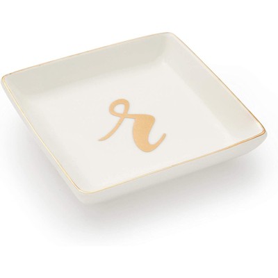 Juvale Letter R Ceramic Trinket Tray, Monogram Initials Jewelry Dish for Ring (4 Inches)