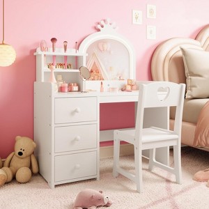Vanity Desk with Mirror and Lights for Little Girls, Makeup Vanity Set with Drawers & Open Storage Shelves, Wooden Princess Dressing Table for Bedroom - 1 of 4