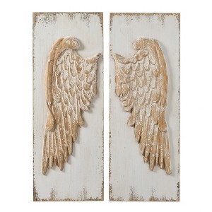Fisfet Set of 2 Feather Wing Wall Panels with Distressed White Finish, Rectangle Hanging Wall Art, 42" x 15.5" - 1 of 4