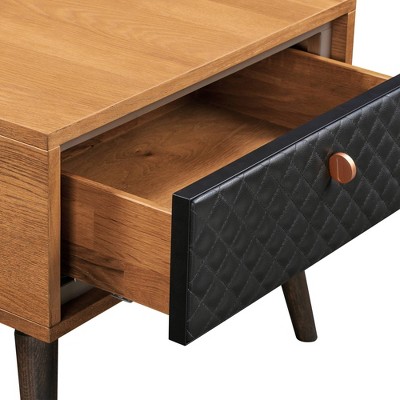 Rustic Oak & Black Leather Tufted 1-Drawer Nightstand